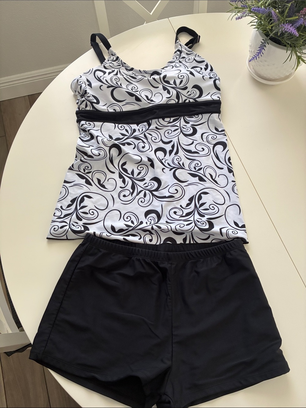 Black & White Swirl Tankini with Black Swim Shorts